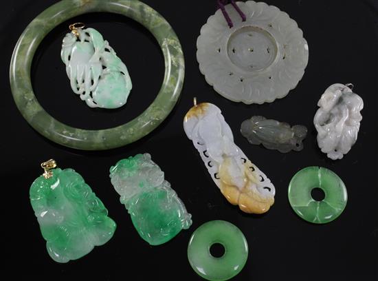 A group of five jadeite pendants and other hardstone carvings, 20th century, 2.4 to 7.7.cm (10)